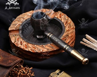 Luxury Handcrafted Damascus Steel Brass Pipe with Damascus Steel Barrel Wood Ashtray | Artisan Metal Collectible | Premium Gift for Him