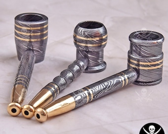 Handcrafted Damascus Steel Smoke Pipes Set of 3, Brass Accents, Collectible Metal Pipes, Unique Gift for Him, Artisan Handcrafted Pipe