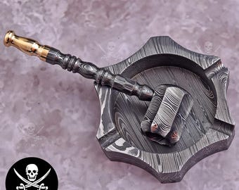 Damascus Steel Ashtray & Decorative Pipe Set | Hand Forged Metal Desk Accessory | Artisan Home Décor | Unique Gift for Him