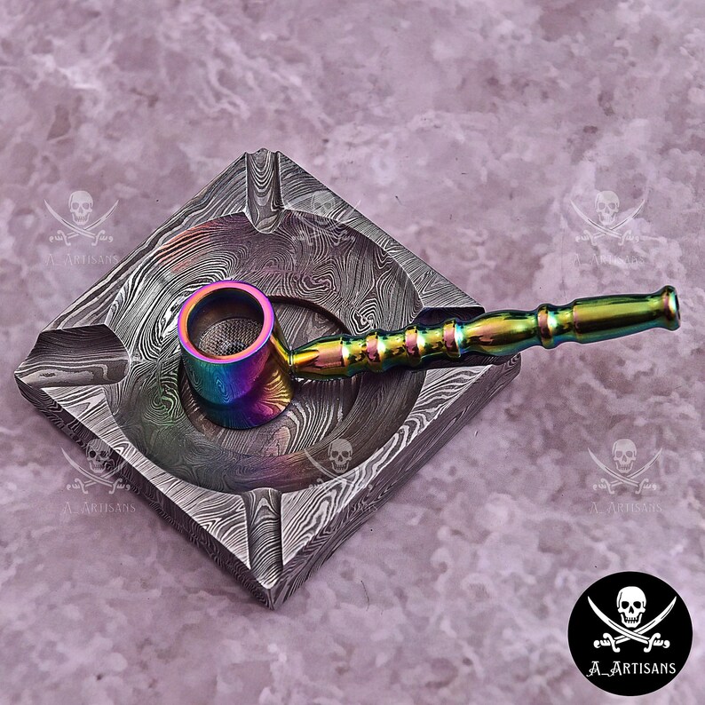 Handmade Damascus Ashtray Ash Collector Accessories Cigar Ash Tray Unique Steel Pipe Multi colour Cigarette Pipe Ashtray Personalized Gift image 2