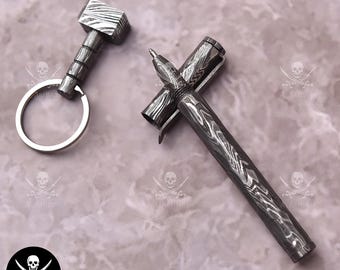 Handmade Damascus Steel Ballpoint Pen - Engraved Metal Writing Instrument