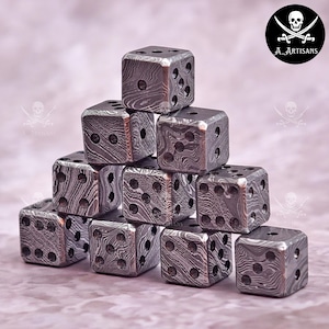 May include: A pyramid of ten dice with a unique patterned design. The dice are a dark gray color with a swirling, wood-grain-like pattern. Each die has the standard number of circular indentations. The logo "A_ARTISANS" is in the upper right corner.