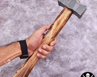 Hand Forged Damascus Blacksmith Hammer: Tempered Steel, Ash Handle