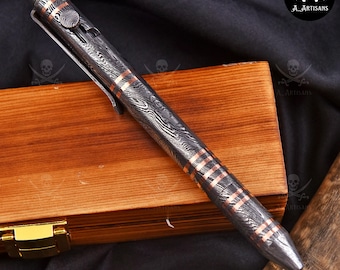 Handmade Damascus Steel Bolt Action Pen | Engraved Pen | Copper Accents, Ash Gift Box
