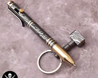 ハンドメイドダマスカス鋼ボルトアクションペン：航海用木材と真鍮