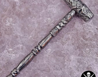 Hand-Forged Damascus Steel Mini Hammer: Carved Skull Handle, Leather Sheath