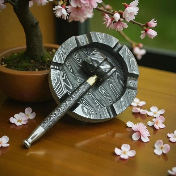 Prime Damascus Steel Handmade Pipe & Ashtray Set | Tobacco Pipe | Brass Pipe  |gift for Dad | Anniversary Gift, Wedding Gift