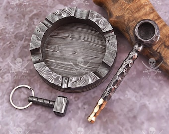 Handmade Damascus Steel Pipe Functional Artisan With Ashtray - Piece Of Art - Collectible - Gift For Him