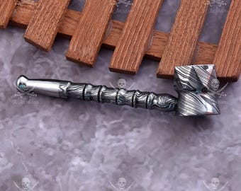 Handmade Damascus Steel & Brass Collectible Pipe | Artisan Decorative Piece With Box