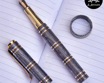 真鍮象嵌入りハンドメイドダマスカス鋼万年筆：リングギフト付きエグゼクティブ筆記具