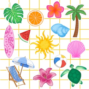 May include: A collection of colorful summer-themed illustrations on a white background with a yellow grid. The image includes a surfboard, watermelon slice, orange slice, sun, palm tree, beach ball, seashell, and a turtle.