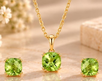 Natural Peridot Jewelry Set, Cushion Checkerboard Necklace & Earrings, August Birthstone Gift