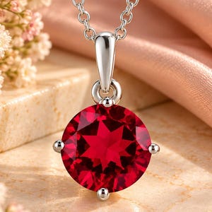 May include: A silver pendant necklace featuring a round, faceted, deep red gemstone held in a four-prong setting. The pendant is attached to a delicate silver chain, showcasing a brilliant cut that reflects light across the stone's surface.
