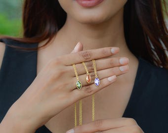 14K Gold Plated Marquise CZ Necklace, Minimalist Bezel Pendant