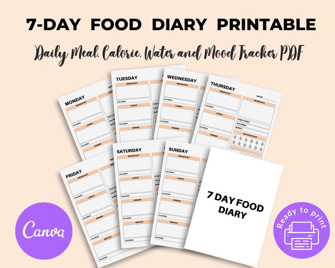 7-day Food Diary Printable | Daily Meal, Calorie, Water and Mood ...