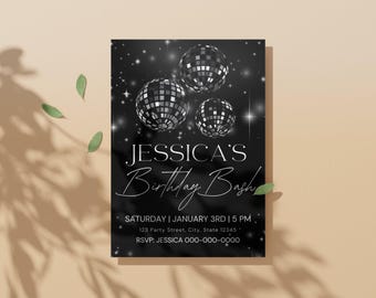 Disco Birthday Invitation Template – Editable Canva Invite | 21st - 40th Birthday Party | Digital Download | Black Silver Glitter Theme