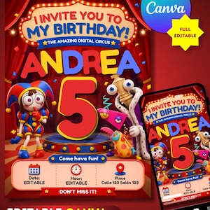 Puede incluir: Una plantilla de invitación de cumpleaños digital con personajes de The Amazing Digital Circus, un gran número 5 rojo y el texto I INVITE YOU TO MY BIRTHDAY! ANDREA. El diseño incluye campos editables para fecha, hora y lugar sobre un fondo rojo.