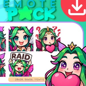 Puede incluir: Un paquete de emoticonos digitales con seis diseños de personajes de estilo anime. Cada personaje tiene cabello verde, acentos rosas y morados, y varias expresiones, incluyendo llorar, sostener un cuchillo y sostener un corazón. El texto "EMOTE PACK" está en la parte superior.
