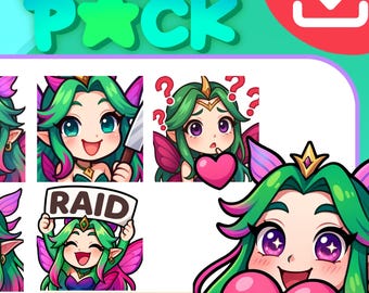 May include: A digital Emote Pack featuring six unique anime-style character designs. Each character has green hair, pink and purple accents, and various expressions, including crying, holding a knife, and holding a heart. The text "EMOTE PACK" is at the top.
