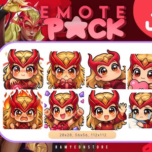 Puede incluir: Un paquete de emoticonos digitales con ocho ilustraciones de estilo chibi de un personaje con tocado rojo y dorado y atuendo rojo. Los emoticonos muestran varias expresiones, incluyendo ira, amor y tristeza. El texto "EMOTE PACK" está en la parte superior, con dimensiones.