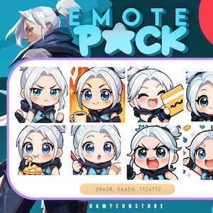 May include: Emote Pack digital art featuring a character with white hair and blue eyes. The pack includes eight different expressions, such as angry, happy, and surprised. The text "EMOTE PACK" is displayed in light blue, with size dimensions below.