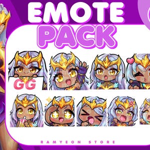 Puede incluir: Un paquete de emoticonos de arte digital que presenta un personaje con cabello blanco y una corona dorada, que expresa varias emociones. El paquete incluye emoticonos con el texto "GG" y otras expresiones. El fondo es morado con las palabras "EMOTE PACK".