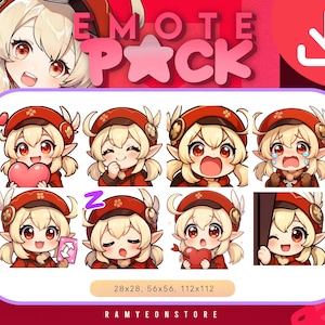Puede incluir: Un paquete de emoticonos digitales con un personaje de dibujos animados con pelo rubio y atuendo rojo. El paquete incluye ocho expresiones diferentes, cada una en formato cuadrado. El texto "EMOTE PACK" se muestra en rosa, con las dimensiones 28x28, 56x56 y 112x112.