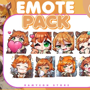 May include: An "EMOTE PACK" graphic with a cartoon character with orange hair and squirrel ears. The pack includes eight different emotes, each with a unique expression. The background is a gradient of orange and yellow.