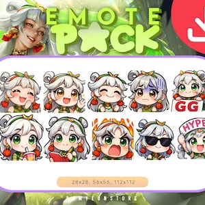 May include: A digital Emote Pack featuring an anime-style character with white hair, green eyes, and red tassel earrings. The pack includes various expressions, with the text "EMOTE PACK" and "GG" and "HYPE". The image dimensions are 28x28, 56x56, and 112x112 pixels.