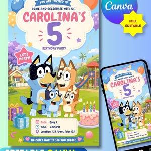 Puede incluir: Una plantilla de invitación de cumpleaños digital con personajes de perros de dibujos animados en un parque. El texto dice: You are invited to: Come and celebrate with us Carolina's 5 Birthday Party. Incluye espacios para fecha y lugar.