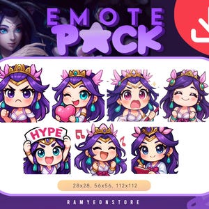 Puede incluir: Un paquete de emoticonos digitales con un personaje de anime de pelo morado con varias expresiones. El paquete incluye emoticonos con un corazón, un letrero que dice "HYPE" y notas musicales. La imagen también muestra el texto "EMOTE PACK" y las dimensiones 28x28, 56x56, 112x112.