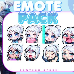 May include: Digital art featuring a collection of emotes with a character with white hair and blue eyes. The emotes display various expressions, including waving, winking, holding a heart, peeking, angry, wearing glasses, surprised, sleeping, and smiling. The text "EMOTE PACK" is displayed at the top.