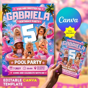 May include: A digital birthday party invitation template featuring five cartoon characters in a pool setting with pink flamingo floats. The text reads: You are invited to: Gabriela Birthday Party, 5, Pool Party, 7 July, 20:00, 123 Street, Salon 123, Come and celebrate with us!