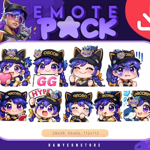 Op de afbeelding: Een digitaal kunstpakket met een stripfiguur met paars haar en een kattenoortjeshoed. Het pakket bevat verschillende emotes met verschillende uitdrukkingen en poses, met de tekst "EMOTE PACK", "GG" en "HYPE". De afbeelding bevat ook de tekst "OSCORP" en "RAMYEONSTORE".