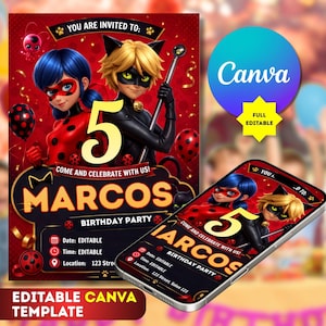 Puede incluir: Una plantilla de invitación de cumpleaños digital con los personajes Ladybug y Cat Noir sobre un fondo rojo. El texto dice YOU ARE INVITED TO, 5, COME AND CELEBRATE WITH US, MARCOS, BIRTHDAY PARTY, y campos editables para Date, Time y Location.