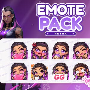 May include: A digital emote pack featuring the character Reyna from Valorant. The set includes eight stylised chibi-style illustrations showing various expressions, including holding a heart, drinking boba, crying, and holding a sign that says GG.
