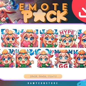 May include: A digital art Emote Pack featuring a cartoon character with pink hair, blue eyes, and floral headwear. The pack includes various expressions, such as holding a heart, waving, and displaying a sign that says "HYPE". The text "EMOTE PACK" is at the top.