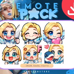 May include: Emote pack featuring a blonde-haired character with blue eyes in various expressions. The emotes include holding a knife, smiling, holding a heart, crying, angry, and hugging a cartoon shark. The pack is labeled "EMOTE PACK".