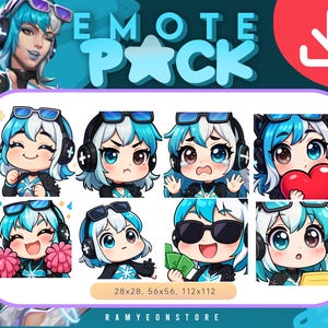 Puede incluir: Un paquete de emoticonos de arte digital con un personaje de pelo azul y blanco, auriculares y gafas de sol. El paquete incluye ocho emoticonos diferentes con varias expresiones. El texto "EMOTE PACK" se muestra en la parte superior.