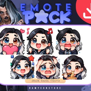 Puede incluir: Paquete de emoticonos digitales con seis ilustraciones de dibujos animados de un personaje con pelo negro, reflejos blancos y heterocromía. Cada emoticono muestra una emoción diferente, incluyendo amor, alegría y tristeza. El paquete incluye tamaños de 28x28, 56x56 y 112x112 píxeles.