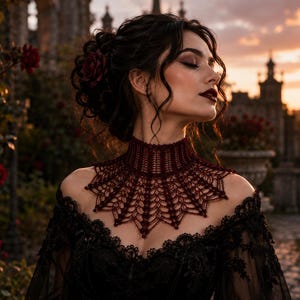 May include: A dark red crochet choker necklace featuring an intricate web-like pattern that extends over the collarbone. The piece is crafted with fine thread, creating a delicate, lace-inspired structure that sits high on the neck.