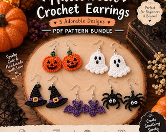 Patrón de pendientes de ganchillo para Halloween: calabaza, murciélago, araña, fantasma, sombrero de bruja (descarga en PDF)