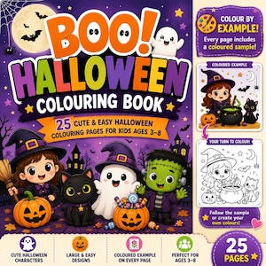 May include: A Halloween coloring book cover titled BOO! HALLOWEEN COLOURING BOOK with 25 pages for kids ages 3-8. The cover features a witch, a black cat, a ghost, and a green monster with pumpkins. It includes a color-by-example guide and icons.