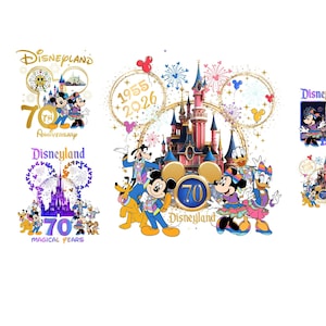 May include: Multiple Disneyland 70th Anniversary designs featuring Mickey Mouse, Minnie Mouse, Donald Duck, Daisy Duck, Goofy, and Pluto. Designs include the Disneyland castle, fireworks, and the years 1955 and 2026.