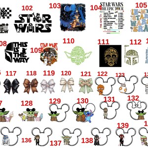 May include: A collection of various Star Wars and Disney-themed designs. Includes logos, character outlines, and text-based graphics. Designs feature characters like Darth Vader, Yoda, and Mickey Mouse, in black and white.