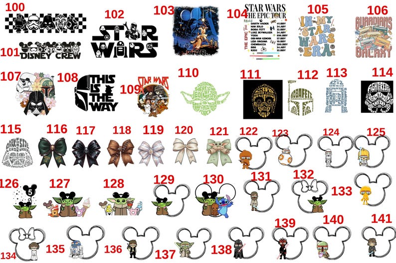 May include: A collection of various Star Wars and Disney-themed designs. Includes logos, character outlines, and text-based graphics. Designs feature characters like Darth Vader, Yoda, and Mickey Mouse, in black and white.
