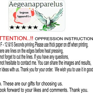 May include: A white background with the Aegean Apparel Us logo, a dove graphic, and text that reads "ATTENTION..!! OPPRESSION INSTRUCTIONS" with printing instructions. Also includes a thank you message.