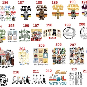 May include: A collection of Star Wars-themed designs. The images include characters like Darth Vader, Yoda, and Chewbacca, along with various logos and phrases such as "May the Force Be With You."