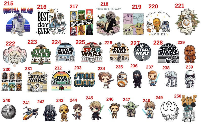 May include: Collection of Star Wars themed graphic designs. Includes images of characters like R2-D2, Yoda, Darth Vader, and Chewbacca. Also features text like "Metal Head", "Best Day Ever", and "This is the Way".