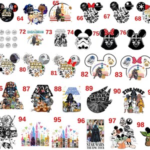 May include: A collection of Star Wars and Disney-themed designs. The designs include characters like Darth Vader, Yoda, and Mickey Mouse, along with Star Wars logos and quotes. The color palette is diverse, featuring black, white, and various other colors.